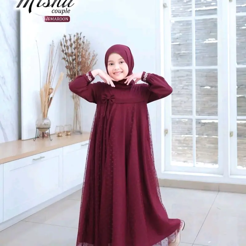 Misha dress kids usia 5-15 thn UK M, L, XL bahan shakila mix tille dot gamis terbaru / gamis anak perempuan / gamis lebaran / gamis Renda baju  lebaran 3