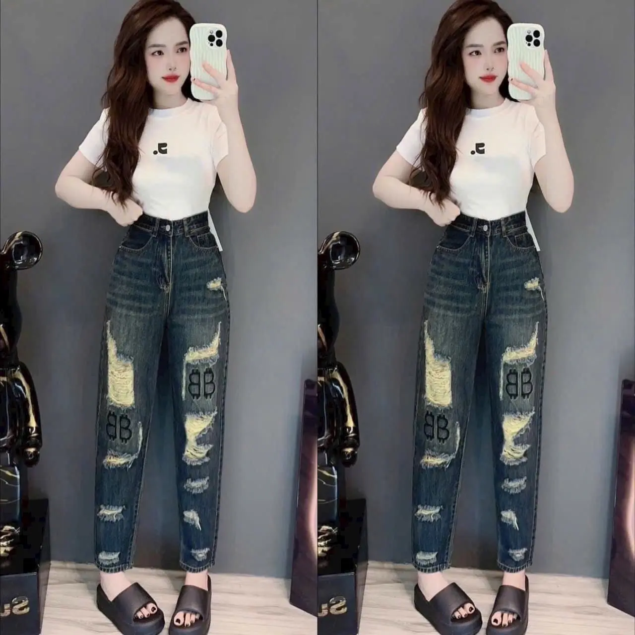 Quần jean baggy thêu bb cào rách