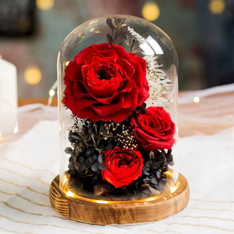 [SG Stock]Eternal Flower Preserved Rose In Glass Dome Flower with Light Anniversary Valentine Bouquet Decor Decoration Decorative