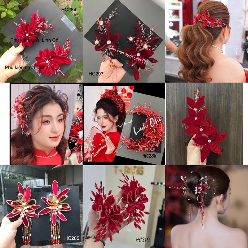 Hoa cài tóc màu đỏ, phụ kiện tóc cô dâu