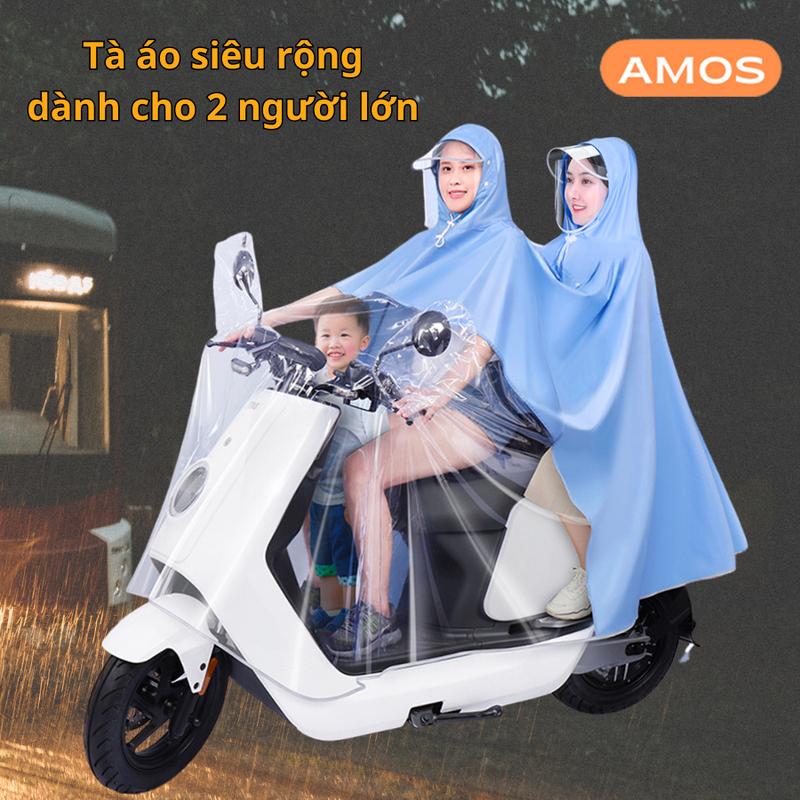 Áo mưa nửa trước trong suốt  AMOS tà rộng cho 2 người lớn, Áo mưa cánh rơi che phủ toàn thân siêu dai, kèm kính chắn mưa 2