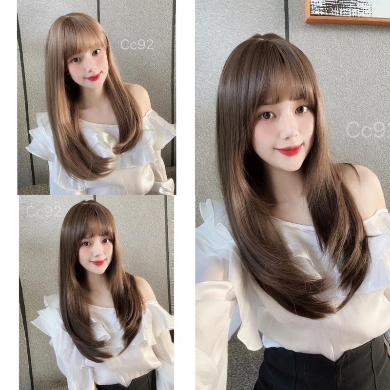 Tóc bộ nguyên đầu cụp lửng CC92(kèm lưới trùm và lược chải).kiểu dáng cúp lửng lyêr ngang lưng Tóc Giả chất tơ hàn sử dụng nhiệt được Women Wig
