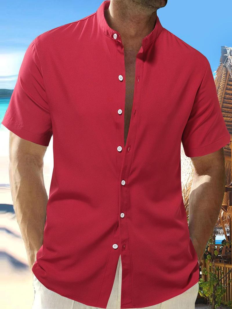 Product Introduction of Men's Loose Solid Button Down Shirt, Summer Clothes for Travel Golf, Short Sleeve Stand Collar Button Front Top, Casual Daily Summer Shirt, Summer Outfits 2024 7