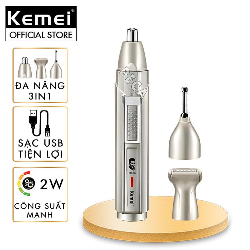 Máy tỉa lông mũi đa năng Kemei KM-315 gồm 3 đầu thay chuyên dụng tỉa lông mũi tỉa râu lông dùng pin sạc USB tiện lợi - phân phối chính hãng