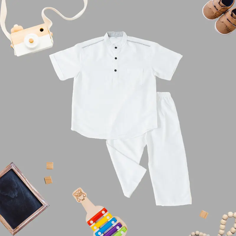 Setelan Koko Kurta Putih Lengan Panjang Anak Laki-Laki nuraz kidz  usia 1 tahun hingga 11 tahun Muslim Baju Katun 4