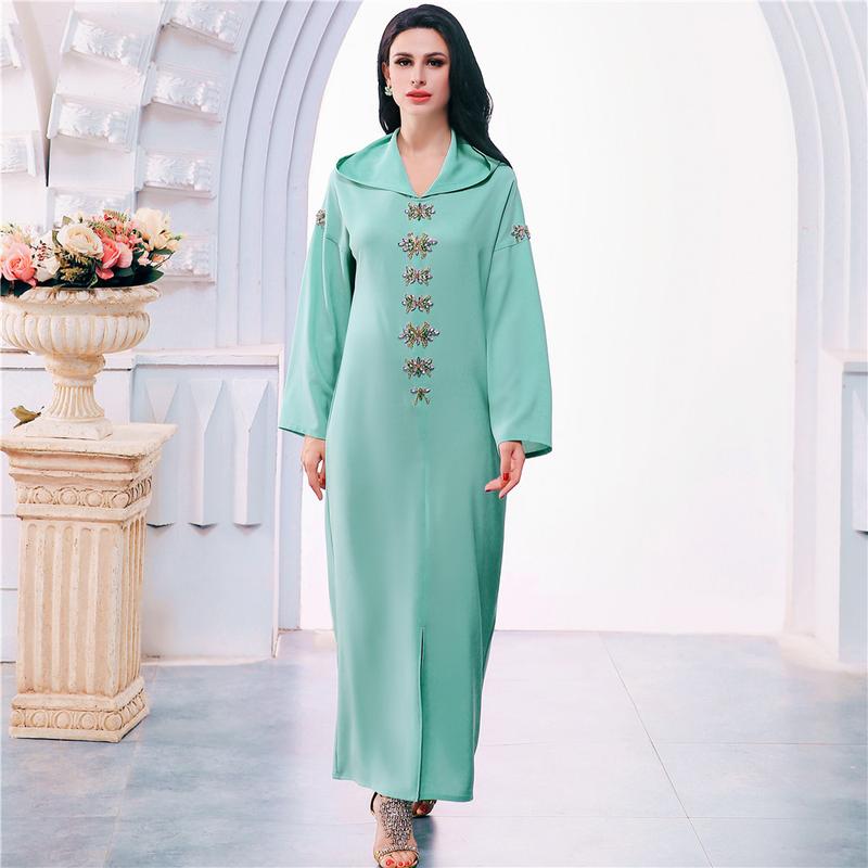 Product Introduction of Ba302 Water Green Hand-Stitched Glass Diamond Decorations Hooded Robe Middle East Southeast Asia Women's Robe 5