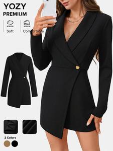YOZY Women's Solid Button Shawl Collar Romper, Elegant Asymmetrical Long Sleeve Zipper Romper for Work Office Business, Ladies Clothes, Valentine's Day Gift for Girl