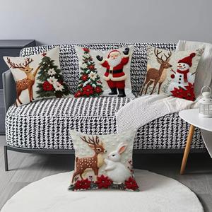Set de Fundas de Cojín Navideñas, Almohadas Decorativas para Sofá con Diseño de Reno y Conejo de Vacaciones, Material de Lino Accesorios de Decoración Festiva para el Hogar