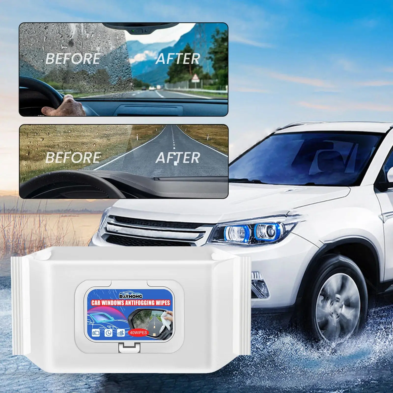 40pcs Car Anti-Fog Rain Repellent Wipes - No Rinse Glass Cleaner for Windshield Windows Mirrors Safe Driving Visibility