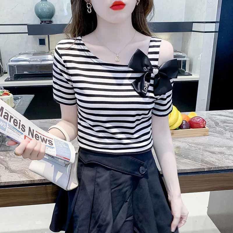 Áo Phông Ngắn Tay, Họa Tiết Sọc, Dành Cho Nữ, Phong Cách Phương Tây, Trông Trẻ Trung, Áo Sơ Mi Nhỏ Đẹp, Trễ Vai, Áo Sang Trọng, Thích Hợp Cho Mùa Hè 2025, Hàng Mới Về 3