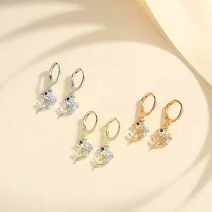 LM1000 Anting Titanium Wanita Lucu Lumba-Lumba Crystal Anti Karat Indah Aksesoris Fashion