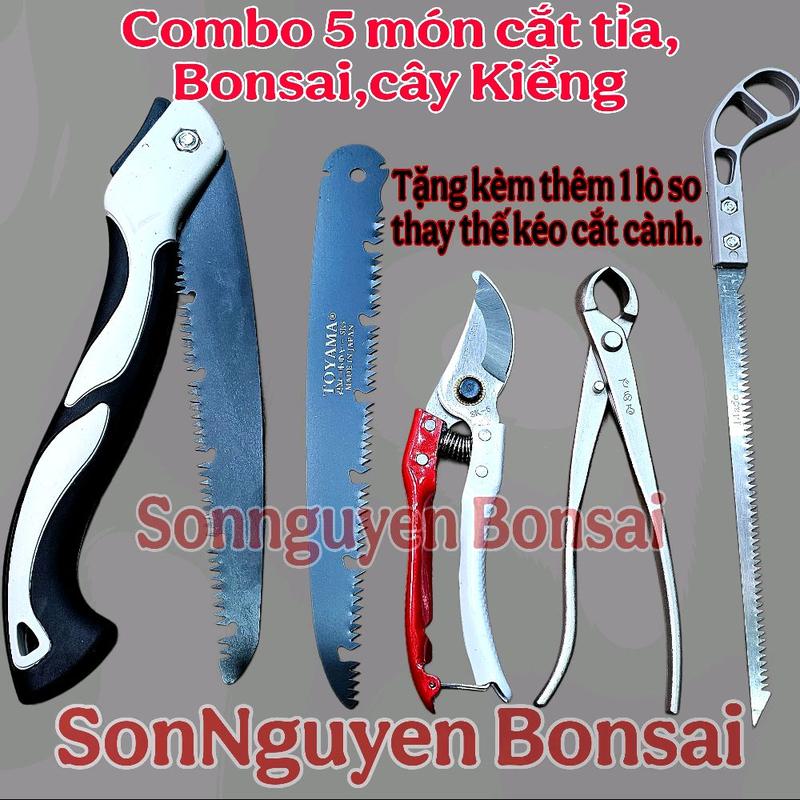 5 Món Dụng Cụ Cắt Tỉa Cây Bonsai Cây Cảnh Bao Gồm : 1 Cưa Lớn Gấp Gọn,1 Lưỡi Cưa Gấp,1 Kéo Cắt Cành Lưỡi Thép Sk5 Màu Trắng Đỏ 1 Cạp Tròn 1 Cưa Lách xám.