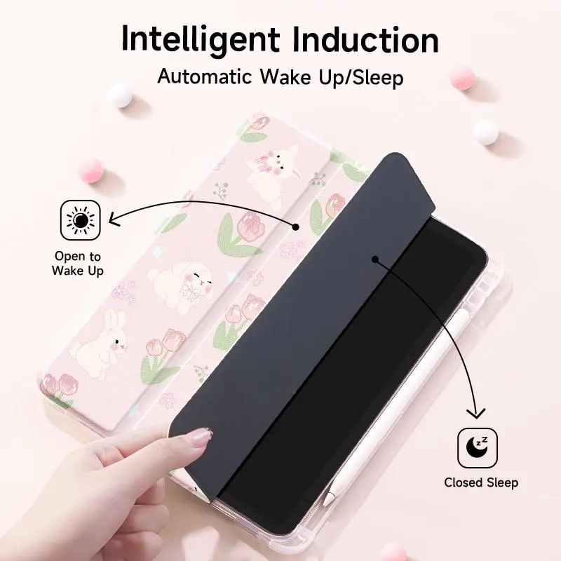 Cute Rabbit & Flower Pattern Tablet Case, Tri-fold Stand Tablet Protective Cover, Soft TPU Tablet Protector for iPad 5