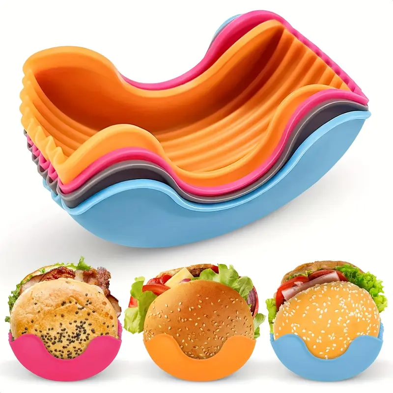 Silicone Burger Clip (4 Counts/set), Portable Non-contact Burger Holder, Retractable Burger Tray, Kitchen Baking Tool 7