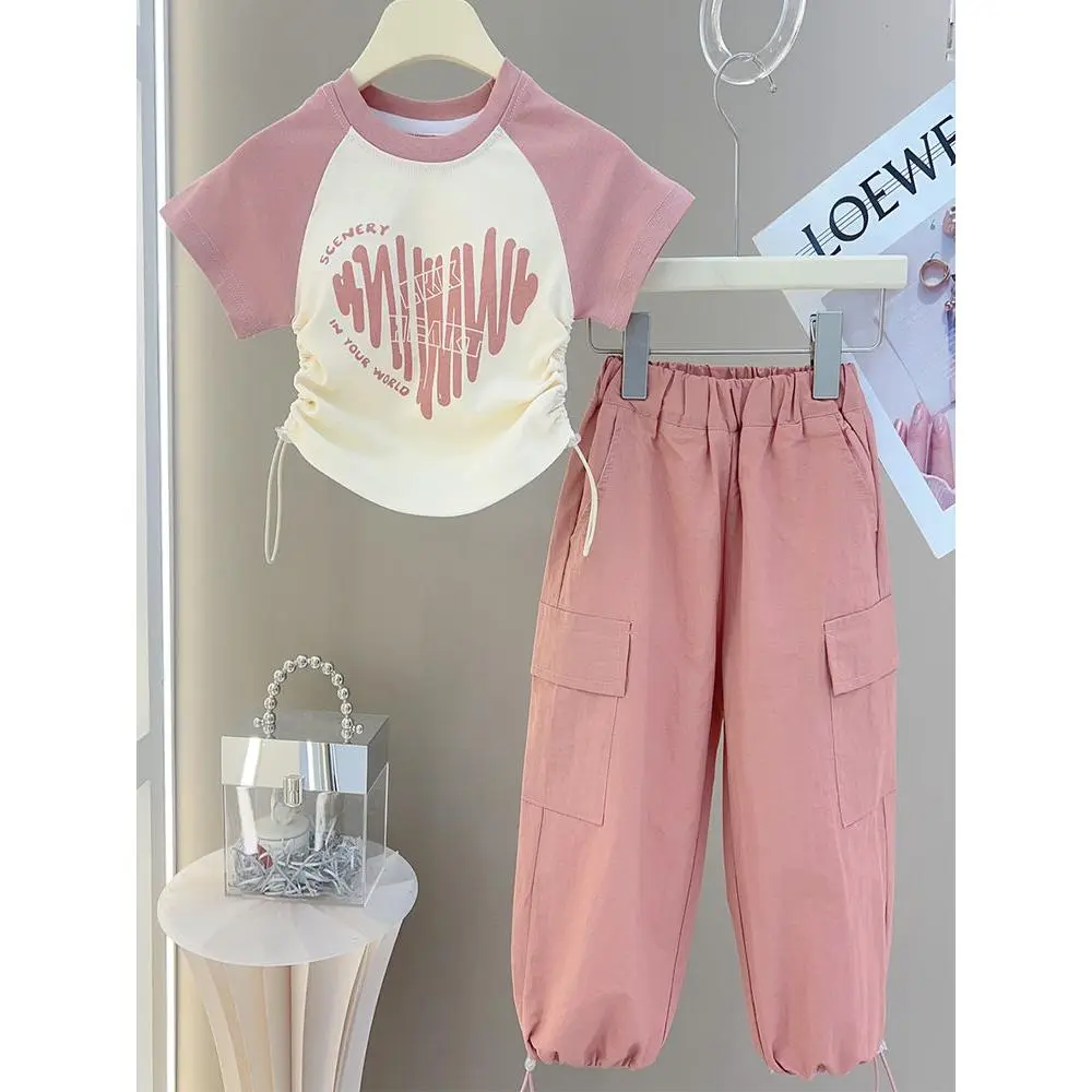 Girls' Summer Outfit 2024 New Style Big Kids Short Sleeve Patchwork Cargo Pants Two-Piece Set Girls' Summer Clothes