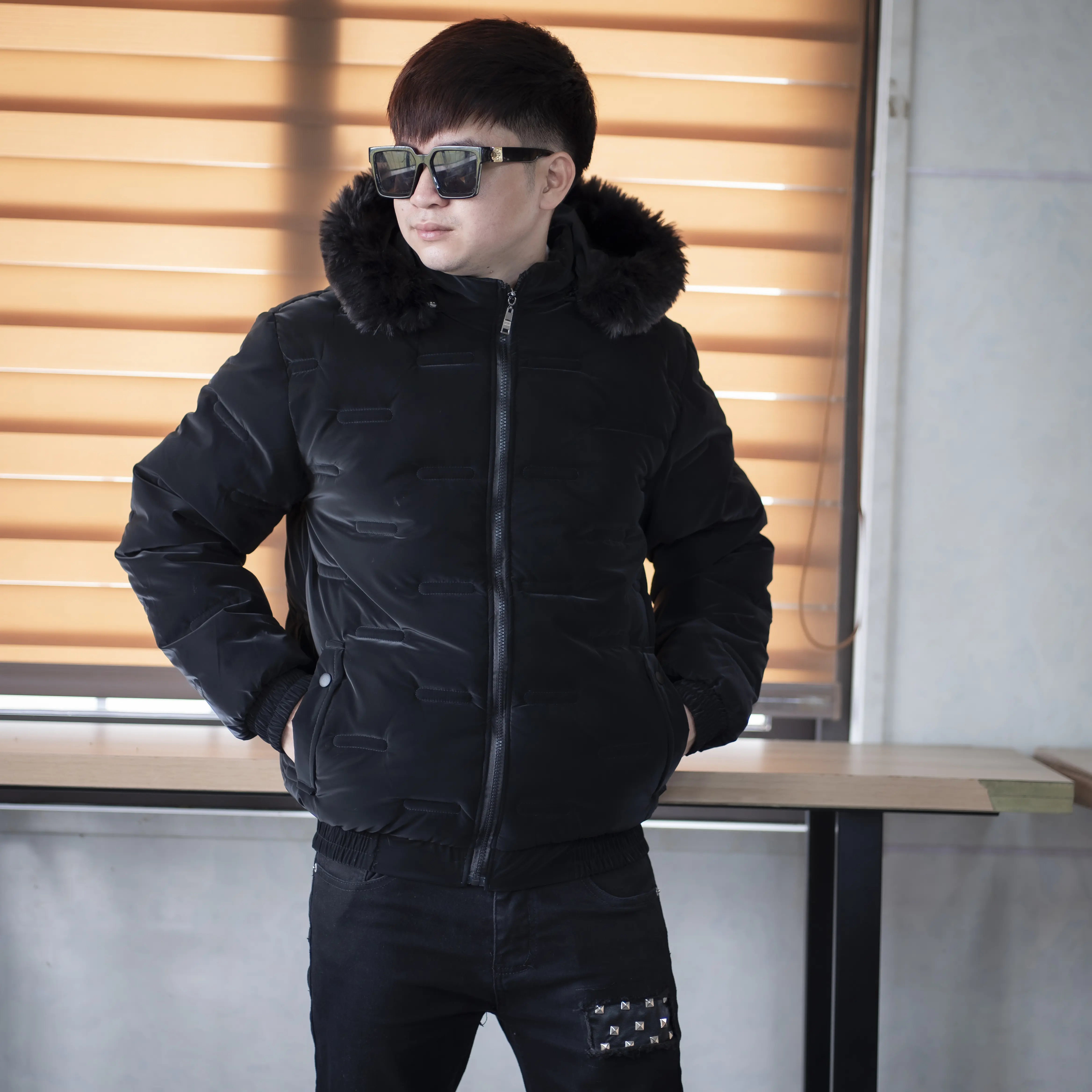 ÁO phao nam đen  nhám mũ lông tháo rời 3 lớp Menswear áo khoác