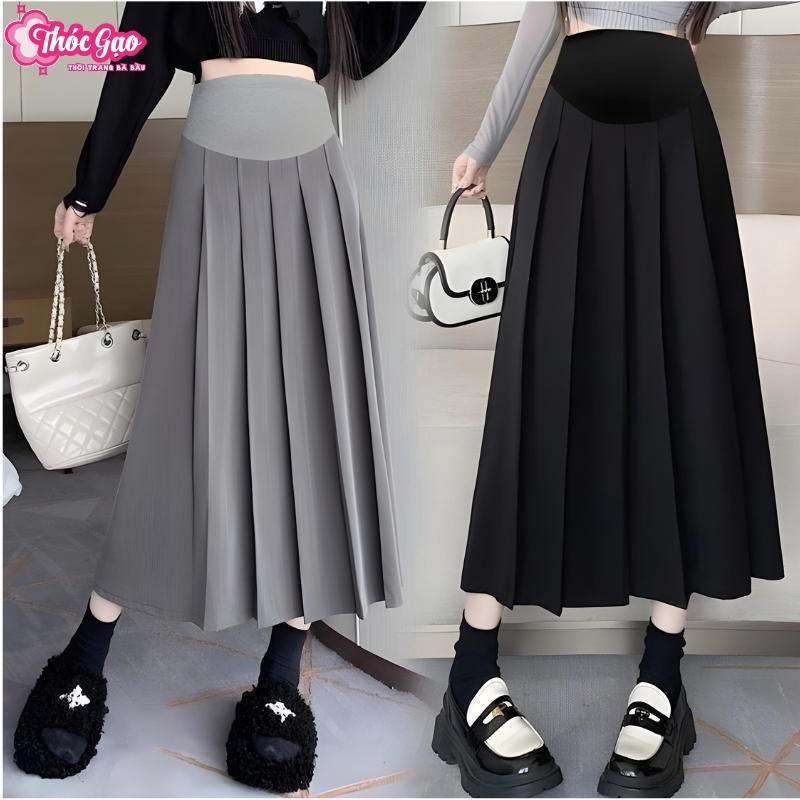 Chân váy bầu dáng dài xếp li bản to chất ruby Hàn - có chun điều chỉnh cho mẹ bầu X020 Kem Sandal