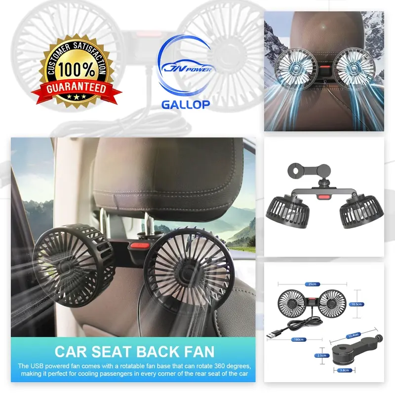 Car Rear Fan 360 Degrees Adjusted Double-headed USB Fans 3 Speeds Wind Cars Back Row Seat Fan D-124