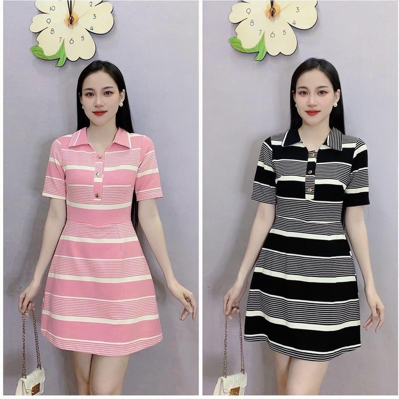   D40  Váy Kẻ Cổ Bẻ 2 Màu Thiết Kế Sọc Khóa Sau  Nữ   Dress Nhung Sen 