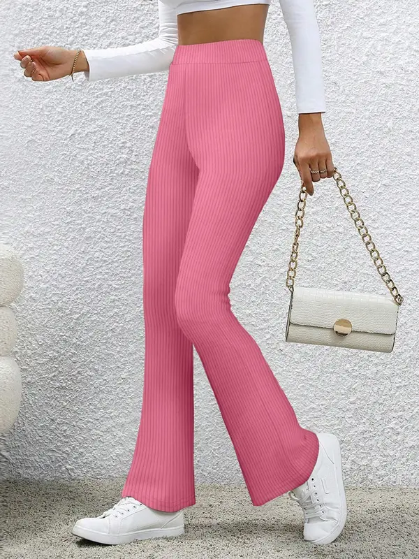 Women's Solid Color Flare Leg Pants, Casual Comfy High Waist Bell Bottom Trousers for Daily Wear, Ladies Bottoms for All Seasons 2