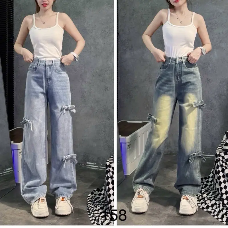 Quần jean suông thiết kế nơ phía trước có 2 màu 0
