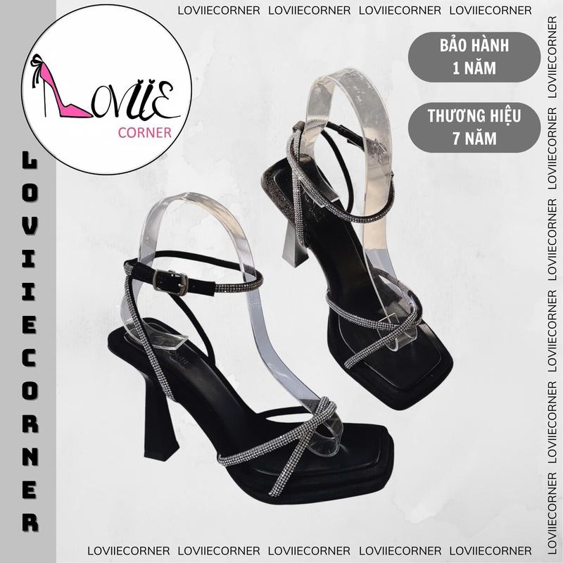 LOVIIECORNER - SANDAL CAO GÓT NỮ MŨI VUÔNG HỞ HẬU CÓ KHÓA CÀI QUAI CHÉO ĐÍNH ĐÁ CÓ HAI MÀU HIỆN ĐẠI - GIÀY THỜI TRANG GÓT LOE CAO 9 PHÂN - G230613
