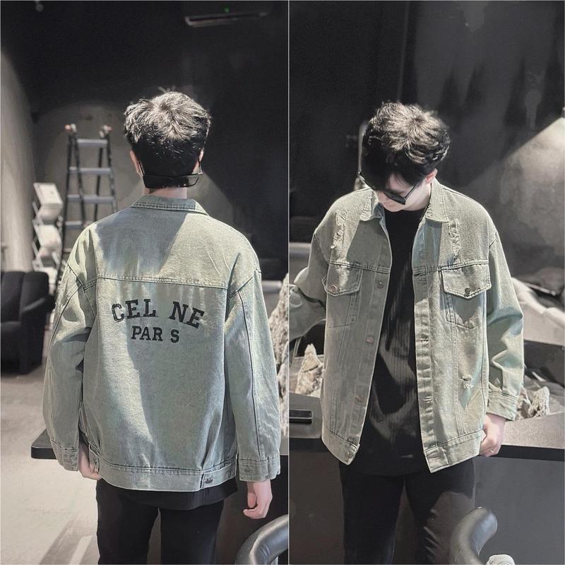 Áo Bò Xước Màu Rêu Bụi Thêu Chữ KeLin Nam Nữ Dạng Khoác