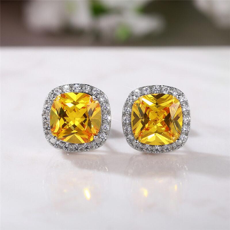 Product Introduction of Huitan Bright White/Yellow/Pink CZ Stud Earrings for Women Fashion Contracted Jewelry High Quality Wedding Engagement Earrings 17