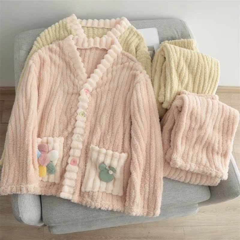 Bộ ngủ lông cừu túi hoa xanh, hồng freesize An Nhiên Mùa đông cho nữ - Women Áo Nhung