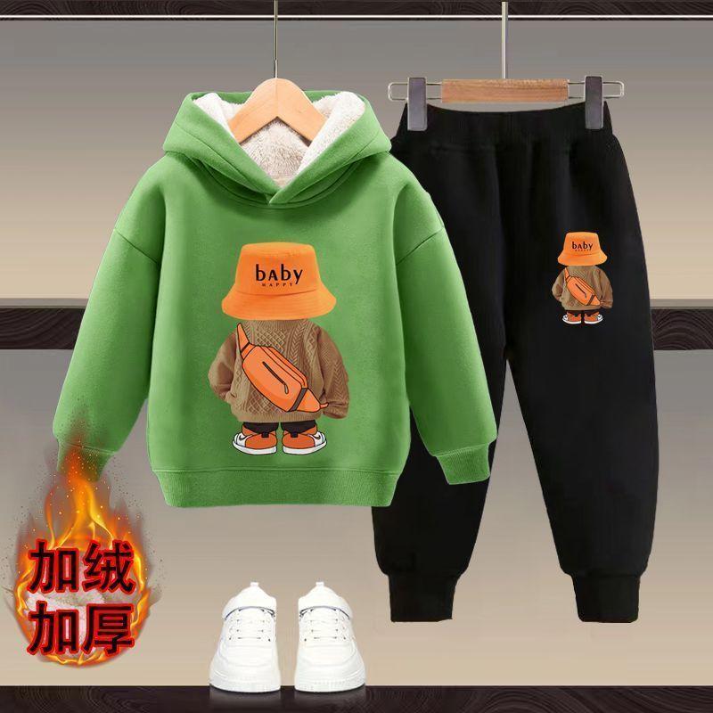 Bộ Đồ Áo Nỉ Có Mũ Trùm Đầu, Cho Trẻ Em, Lót Lông Cừu, Dày Dặn, Thích Hợp Cho Mùa Thu Và Mùa Đông, Cho Bé Trai Và Bé Gái, Phong Cách Phương Tây Mới, Bộ Đồ Ấm Áp Hai Mảnh, Trẻ Em 3