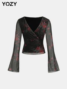 YOZY Women's Floral Print Wrap V Neck Flounce Sleeve Tee, Elegant Long Sleeve Top for Spring & Fall, Women's Clothing for Daily Wear