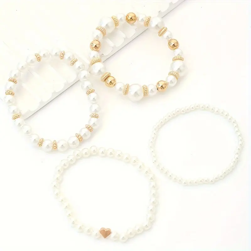 4 PCs White Artificial Pearl Beads Beaded Bracelet Suit Elegant Handmade Handmade String Jewelry Accessories 3