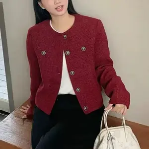 5822 Blazer Wanita Merah Tweed Korean Style - Croptop Office Jacket / Cardigan Kantor Elegant Plus Size XL / Outer Wanita Mewah Fitted Slim Fit