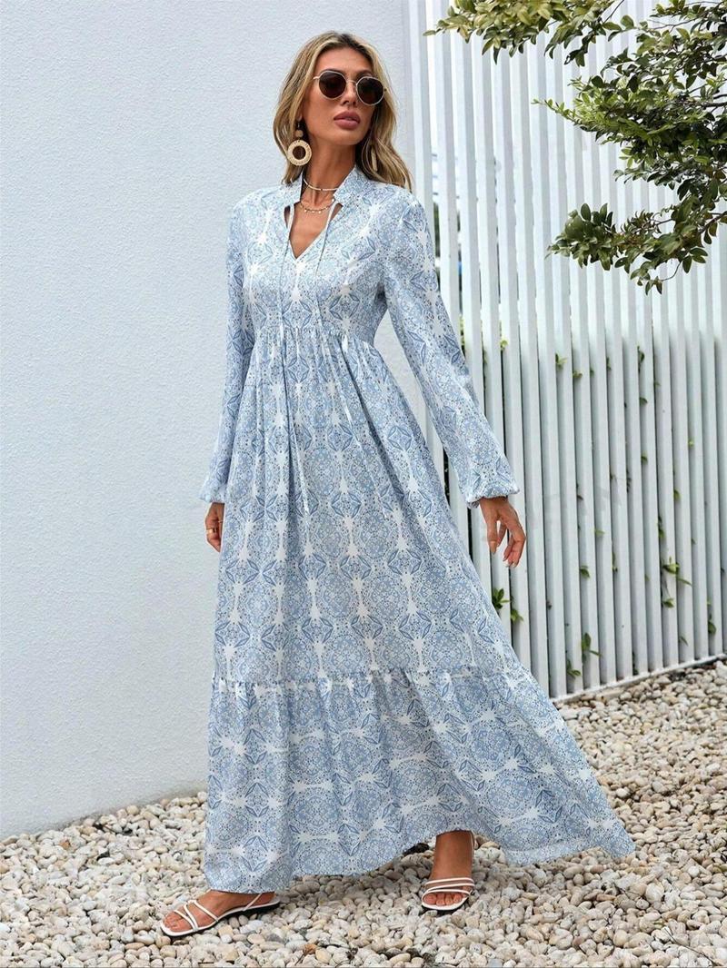 Product Introduction of Women's All Over Print Tie Neck Ruffle Hem A Line Dress, Fashion Casual Bishop Sleeve Long Dress, Ladies Dress for Holiday Vacation Daily Wear Frenchy Style, Dresses for Women 3