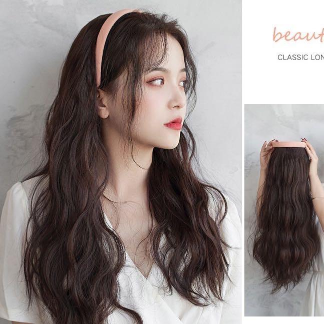 Tóc giả cài băng đô, cài bờm hồng trơn tóc  xù, thẳng, xoắn dài 55-60cm, chất tơ mềm mượt, tóc giả nữ kèm cài dành cho tóc ngắn, tóc mỏng