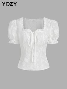 YOZY Women's Plain Floral Embroidered Frill Trim Blouse, Casual Puff Sleeve Square Neck Top for Daily Wear, Ladies Clothes for All Seasons
