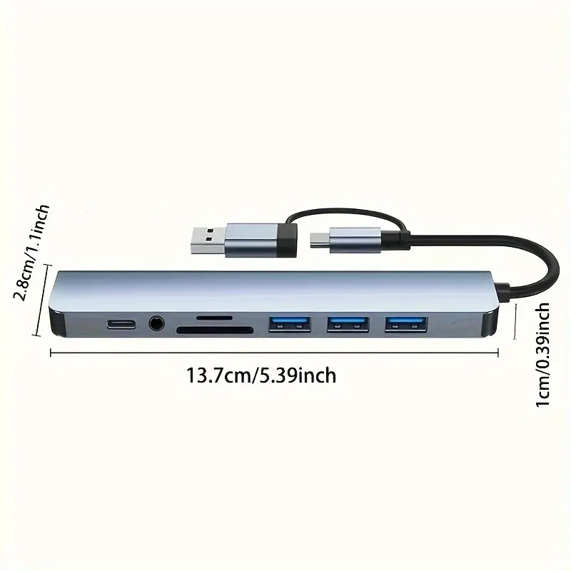 Space-Saving 8-in-1 USB Hub with Audio Jack, Multi-Port Adapter for Tablets, USB-Powered, 5V Operating Voltage, Compatible with Tablets 1