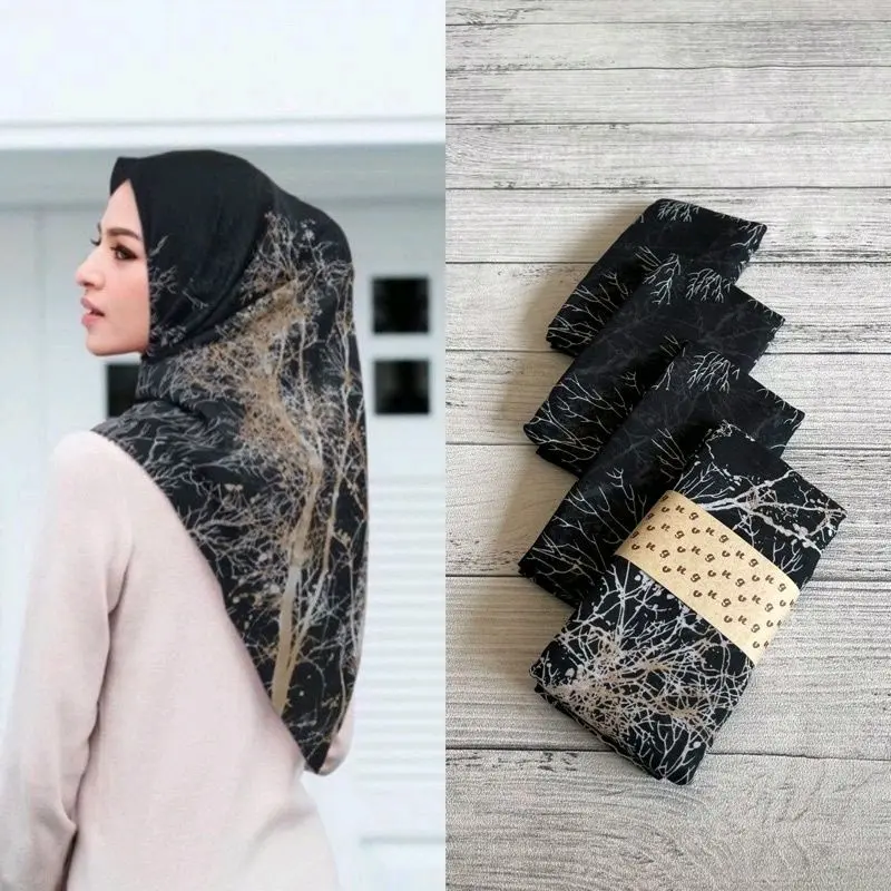 Hijab Segi Empat Motip Akar Series Mewah Voal Muslim Square Kerudung Printing 1