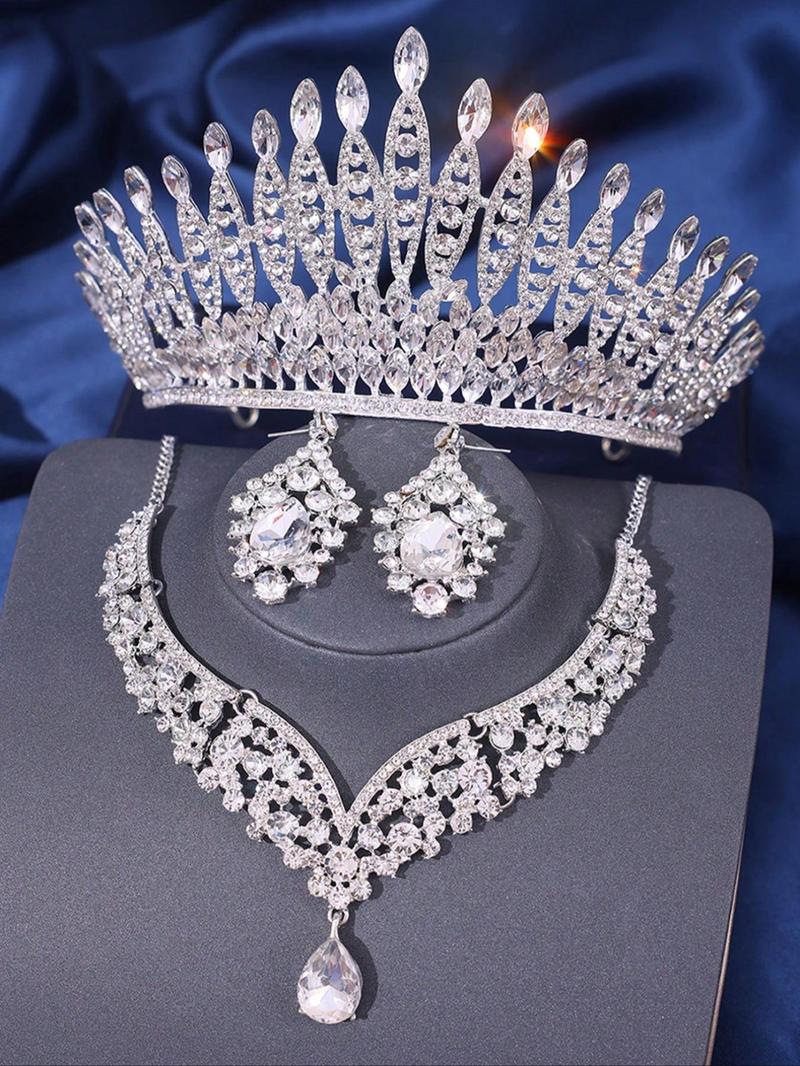 Product Introduction of 4pcs/set Rhinestone Decorated Crown & Necklace & Earrings, Elegant Wedding Bridal Jewelry Set, Bridal Party Favor for Women Girl Gift 1