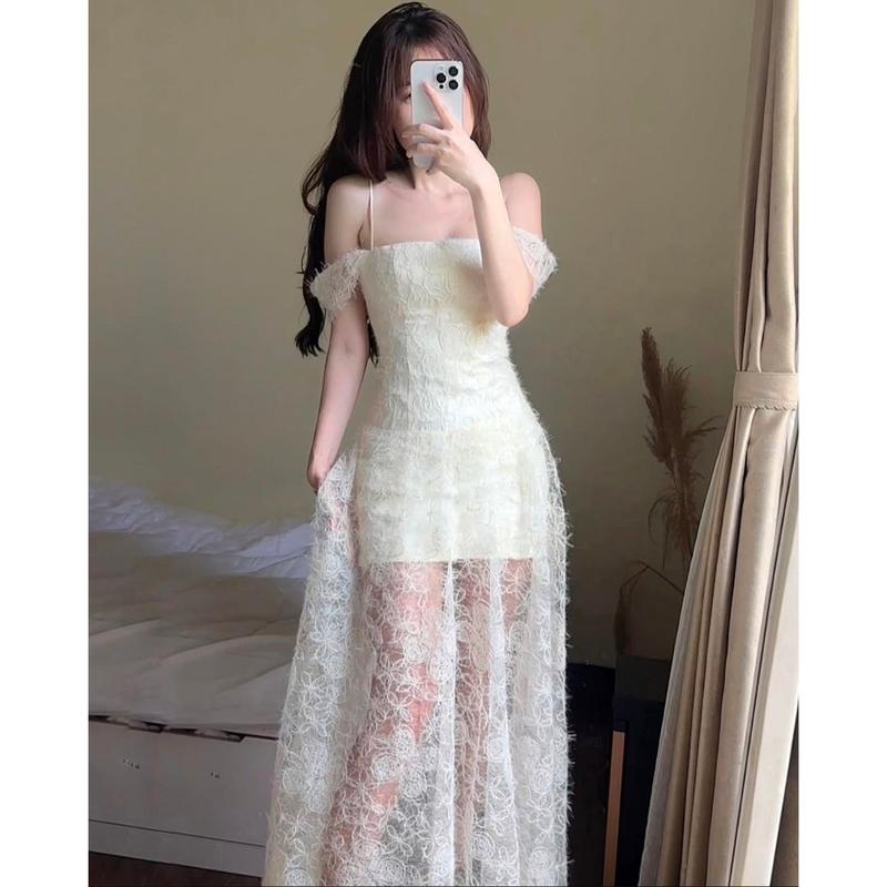 UnihomePREMIUM 40-80kg Đầm Váy Maxi 2 Dây Ren Lông Vũ Dáng Dài Mặc Đi Tiệc Có BigSize CQ309