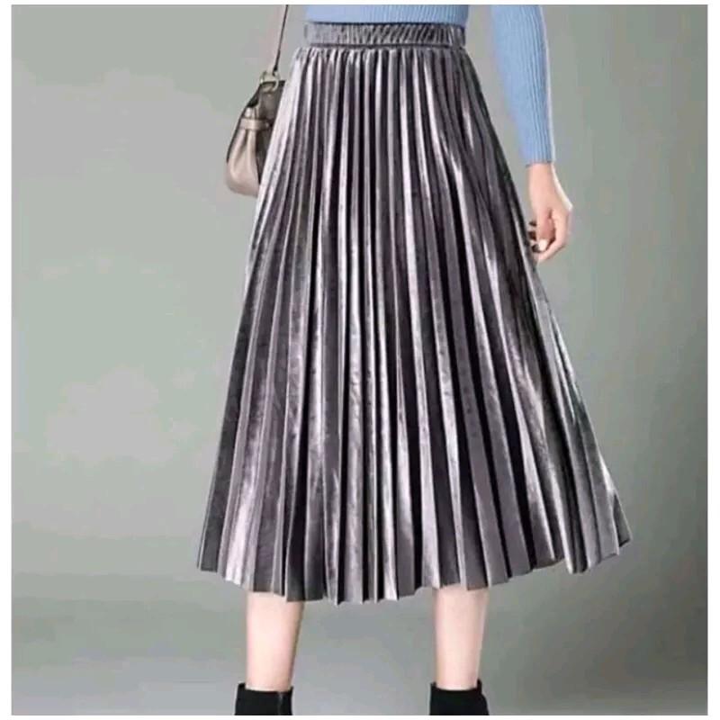 NEW!!! Rok plisket 7/8 bludru Velvet all size Fit Karet Mewah Wanita Nyaman Melar 0