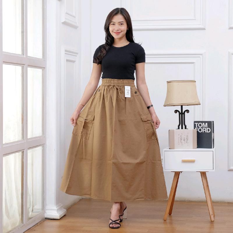 Zilka Rok Panjang Wanita Cargo Katun Jumbo A-Line Maxi Serut Tebal Dengan Saku Samping Nyaman Formal 1