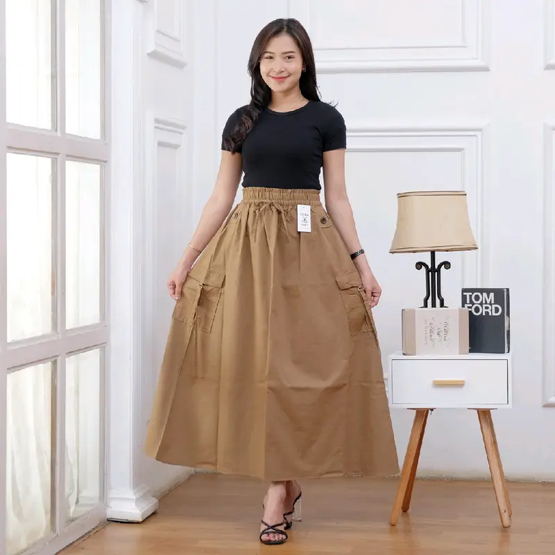 Zilka Rok Panjang Wanita Cargo Katun Jumbo A-Line Maxi Serut Tebal Dengan Saku Samping Nyaman Formal 0