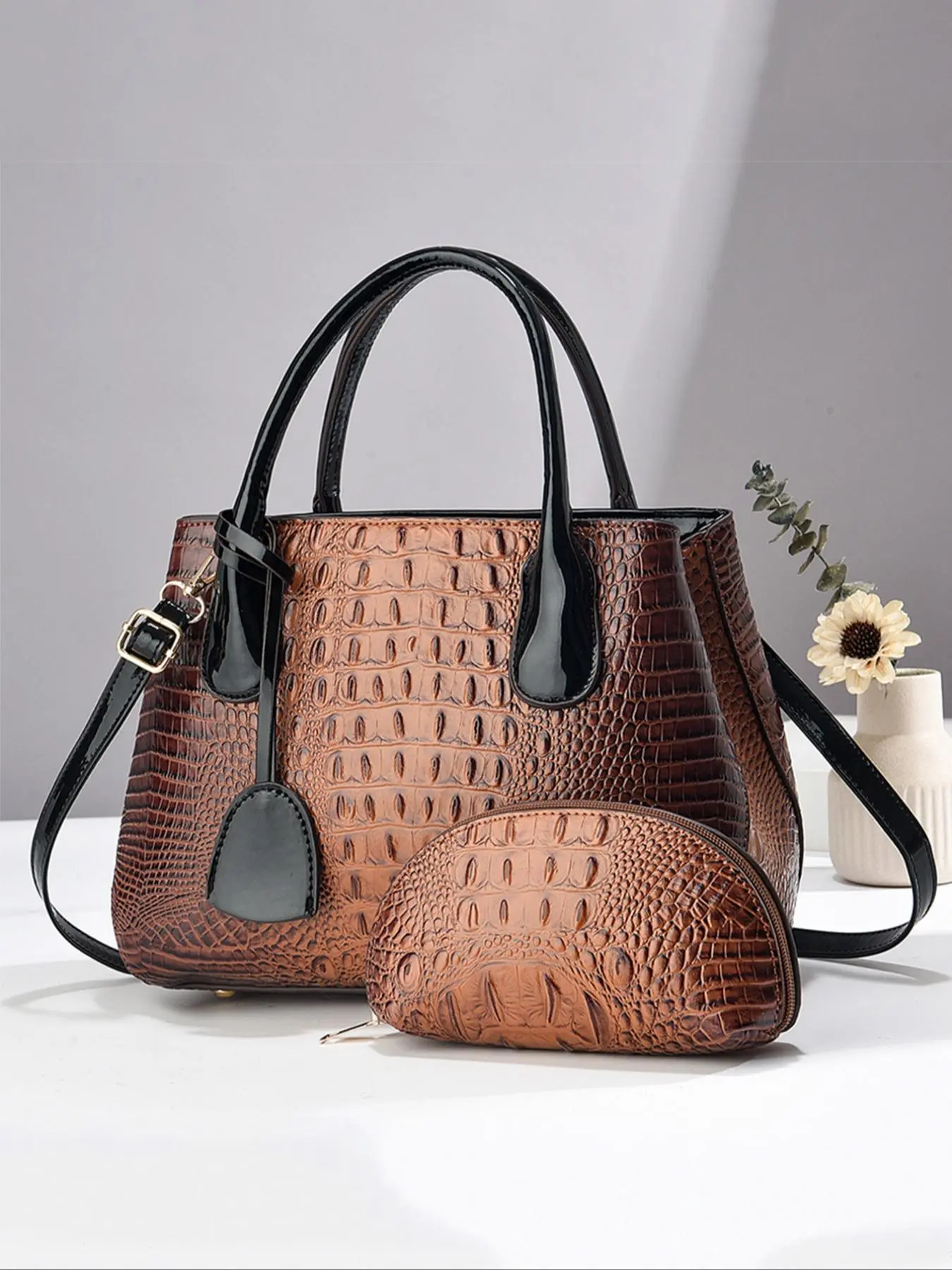 Women's Fashion Crocodile Embossed Handbag Set, Large Capacity Shoulder Bag with Small Wallet, Casual Trendy Versatile High-quality Daily Commuting Bag