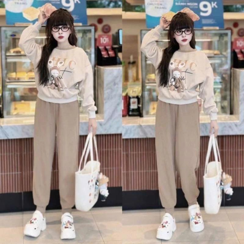 Sét bộ đồ nữ chất nỉ lót lông dày ấm in hình thỏ dễ thương Quần Áo Top