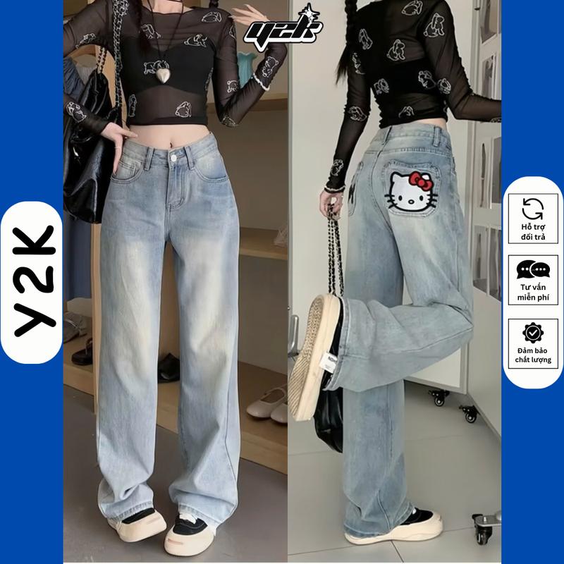 (SUÔNG NẤM LÙN) QUẦN JEAN SUÔNG NỮ PHỦ BỤI ỐNG RỘNG XUÔNG THÊU HÌNH HOẠ TIẾT MÈO CHO NẤM LÙN 9 TẤC 90cm Cạp Lưng Cao Kem Ong size xs quansuong namlun m5 suong theu jeans Pants Women