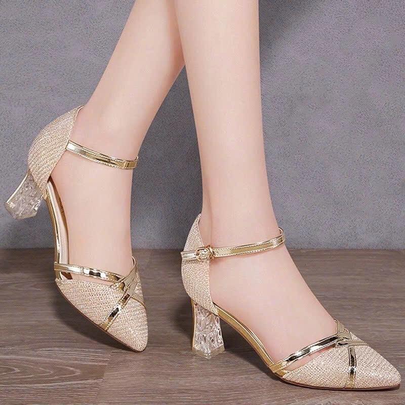 ( Ảnh thật và video đính kèm) Giày cao gót nữ kiểu trong 7.5cm và 5.5cm bít mũi da nhủ kim tuyến dây bóng chéo mũi - BM78 Nữ Đế Cao Shoes Nhung Cao Su DéP Sandal