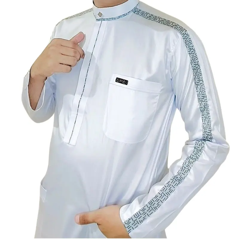 Baju koko Original Saudi Polyester Import lengan panjang putih les tangan abu bintik hitam / Baju Pria Muslim Elit, Mewah, Berkelas dan Berkualitas Alghin Exclusive 23 2