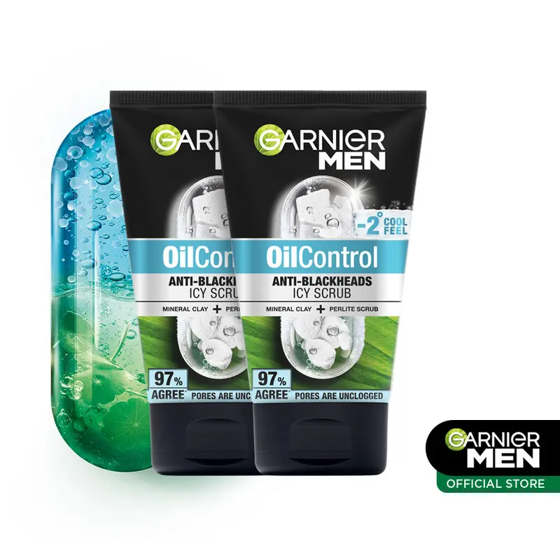 (PAKET HEMAT ISI 2) Garnier Men Oil Control Anti Blackheads Brightening Icy Scrub Facial Cleanser Skin Care - 100ml 0