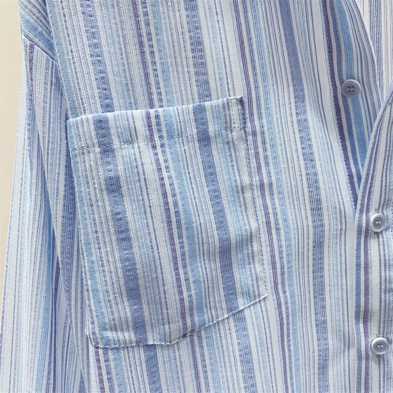 Product Introduction of BARE_(Có size)Áo kiểu nữ sơ mi dài tay kẻ sọc chất đũi  màu xinh pastel, áo somi phom rộng tay dài_ A281 Women Top Nhung Kem Voi Sen 4
